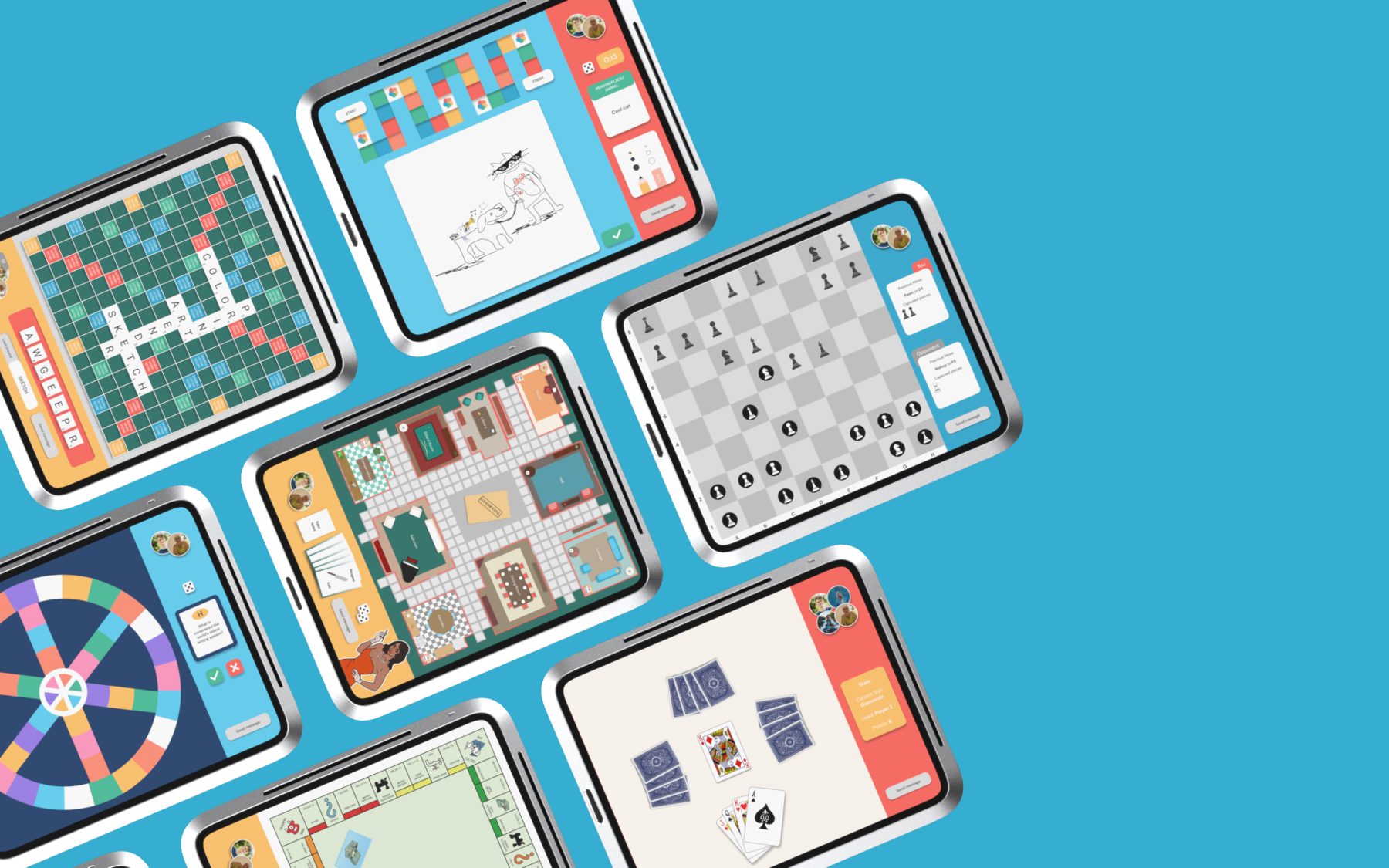 Chess, Clue, Monopoly, Scrabble, Trivial Pursuit, cards and sketch games in the same layout
